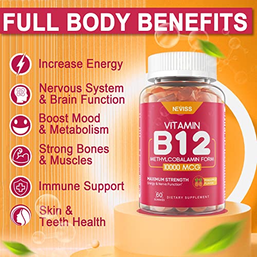 Vitamin B12 10000 Mcg (Methyl B12) Gummies With Vitamin D3, B9 Vitamin Folate, Vitamin C, For Energy Metabolism, Mood Boost, Nervous System Health, Strong Bones, Immune Support, Low Sugar, 120 Count #TOP2