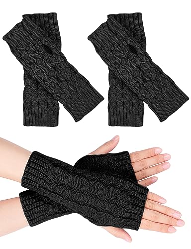 MELLIEX 2 Paar Halb Fingerlose Handschuhe, Damen Pulswärmer Winter Strickhandschuhe Warm Kurzer Halb Handstulpen Unisex Schwarz