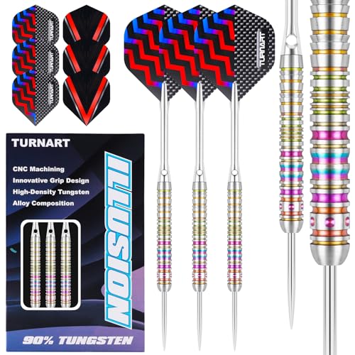 Turnart Dartpfeile Metallspitze 90% Tungsten 3 Stück 22,24,26 Gramm Professionelles Wolfram-Steeltip-Dart-Set Dart professionelle Stahlpfeile mit Metallspitzen mit Flights, Schäften (Farbenfroh, 26G)