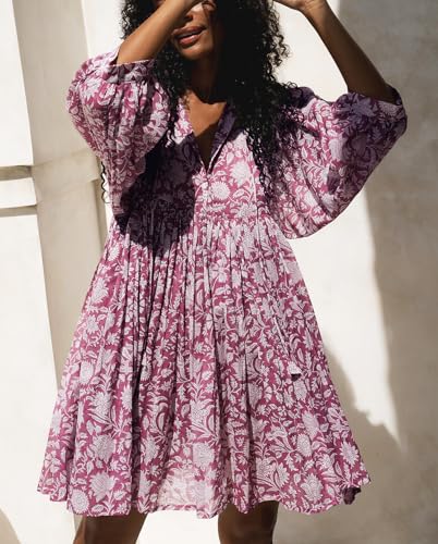 Womens Summer Dresses Casual Boho Floral Babydoll Balloon Sleeve Half Open Tether Flowy Short Beach Dress3