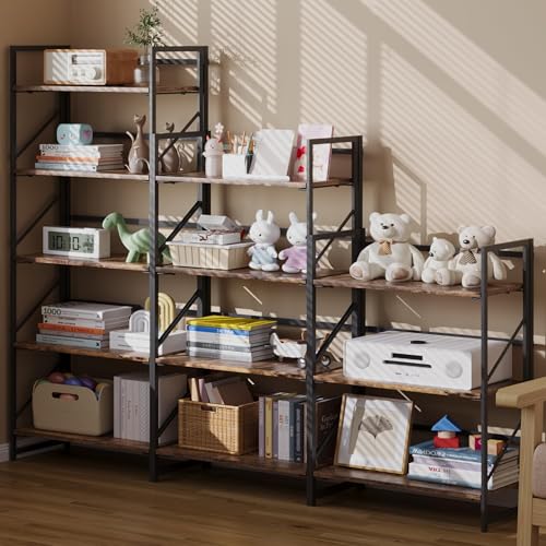 Image of JSB No Assembly Folding Bookshelf, 3 Tier Industrial Metal Book Shelf for Storage, Vintage Wood Foldable Bookcase for Living Room, Bedroom, Office Organization Shelves