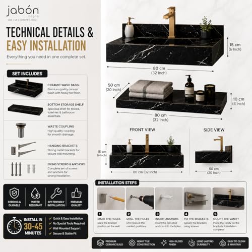 Image of BANZER JABON BAGNO Without Mirror Bathroom Vanity Set with Ceramic Wash Basin & Storage Shelf | Wall Mounted Bathroom Vanity Cabinet | Black Ceramic Heavy Tile Finish | 60x50cm