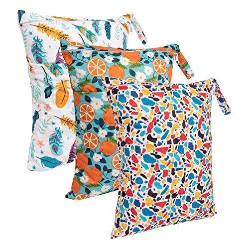 Image of Babygoal Wet Dry Bags for Baby Cloth Diapers, Washable Travel Bags, Beach, Pool, Gym Bag for Swimsuits & Wet Clothes with Two Zippered Pockets 3 Pack, 3LN21