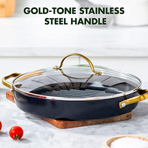 Greenpan Reserve Hard Anodized Healthy Ceramic Nonstick, 11" Grill Pan With Lid, Gold Handle, Pfas-Free, Dishwasher Safe, Black #TOP4
