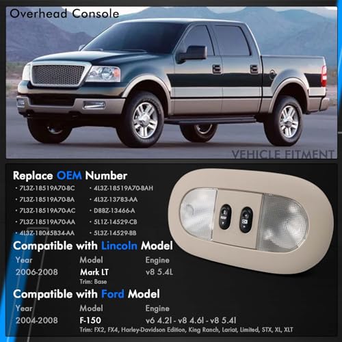 Image of LED Front Overhead Console Interior Dome Map Light w /Sunroof Switch, Tan | Compatible with Ford F150 2004-2008, Lincoln Mark LT 06-08, Replace# 7L3Z-18519A70-BA, 7L3Z-18519A70-BC