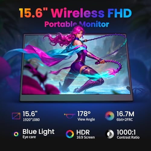 Image of Wireless Portable Monitor, 15.6 inch 1080p FHD 60Hz Wireless Monitor for Laptop with Auto Rotation, Second Travel Portable Screen for PS4 /5 /Switch /MAC /Phone