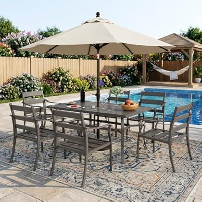 EROMMY 7-Piece Outdoor Patio Dining Set for 6, 6 Metal Slat Chairs & Rectangular Table with Umbrella Hole, Heavy-Duty Patio Furniture for Backyard, Deck and Garden