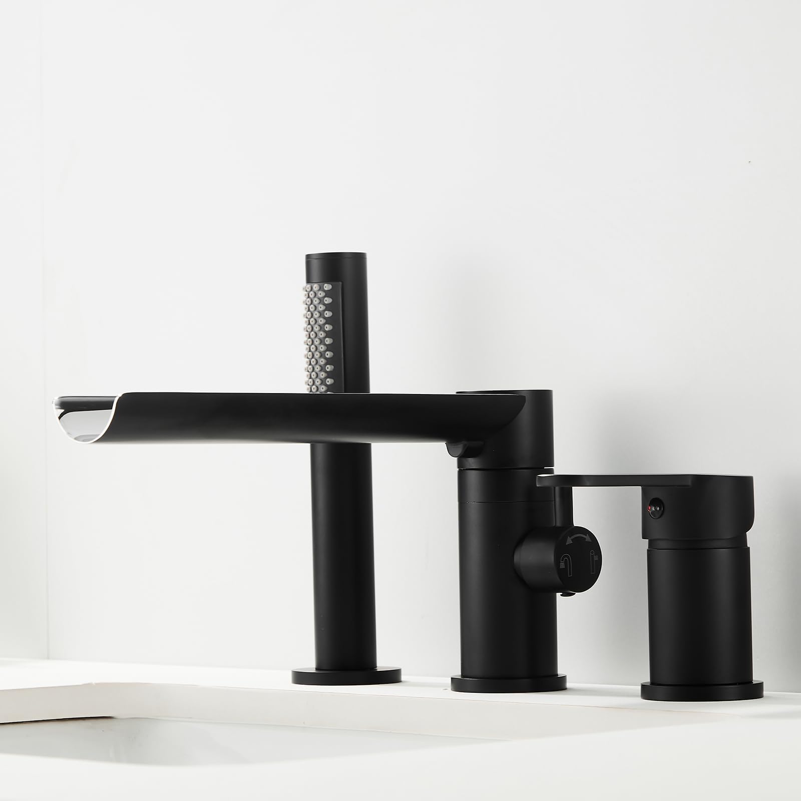 SnamicE Bath Mixer Tap with Deck Mounted Shower 3 Hole Multifunctional Waterfall Rotating Tap Bath Single Handle Faucet Black,Black
