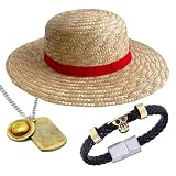 HJYZY Rufffy Straw OP Hat Summer Beach Sun Hat Pirate Necklace PU Leather Bangle Skeleton Bracelet Wristband 3 pcs