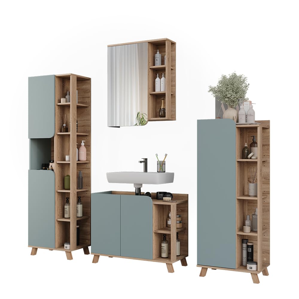 Vicco Set di mobili da bagno Karen, Sonoma/blu, 80 cm, composto da mobile lavabo, pensile a specchio, colonna e base media