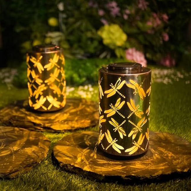 Solar Lanterns Outdoor Hanging Lights, Dragonfly Hollow Decor, Metal Waterproof Decorative Lanterns for Garden Patio Yard Lawn Backyard Front Porch as Gifts for Mom Grandma Women