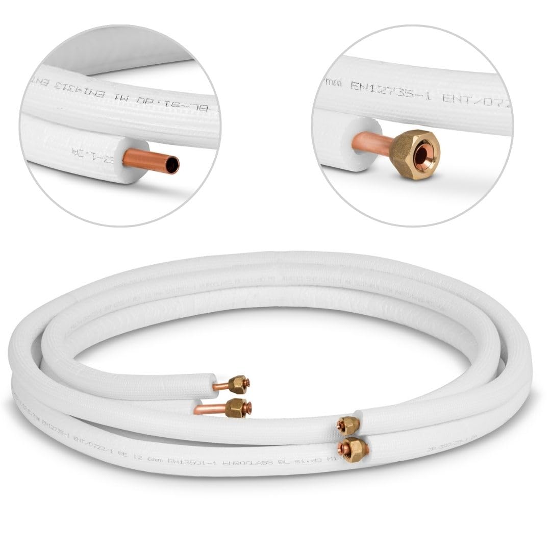 Kupferrohr-Kälterohr 1/4" + 3/8" / 3 m mit Überwurfmuttern, auf Länge geschnitten, ideal für 9000/12000 BTU Geräte, fachkundige Beratung durch die Installationsfirma für jeden Käufer