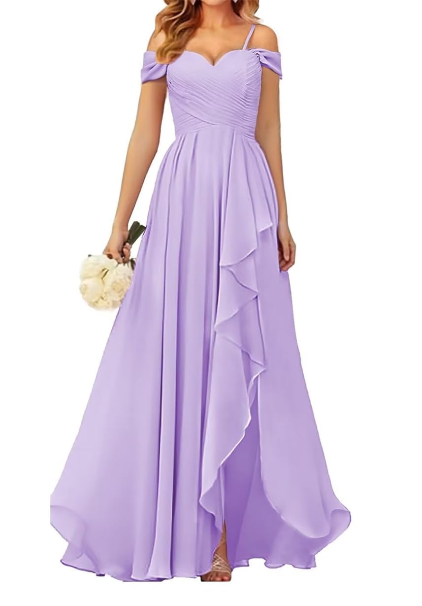 WSEYU Women's Off Shoulder Bridesmaid Dresses with Slit Spaghetti Straps Chiffon Formal Party Evening Gown Lilac UK18