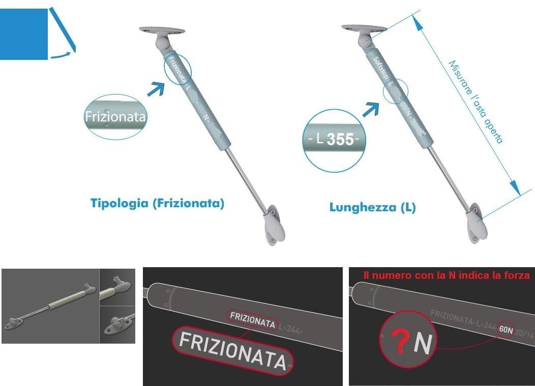 Pistone A Gas KRABY Soft Stop Per Ante Cucina - Ammortizzatore Lift Up, Lunghezze 164-480mm, Forza 120N