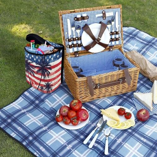 Image of Talayituse American Flag Palm Tree Print Car Trash Can Portable Auto Garbage Bin Multifunctional Vehicle Interior Accessories with Adjustable Straps 4th of July Decor Universal Fit Truck SUV Sedan