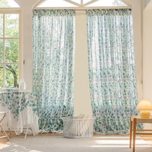 Image of SUOUO Green Eucalyptus Leaf Semi Sheer Curtains 96 Inches Rod Pocket | 2 Panels,Linen Textured,Light Filtering,Patterned Watercolor Botanical,Farmhouse Cottage Core,Drapes for Living Room Bedroom