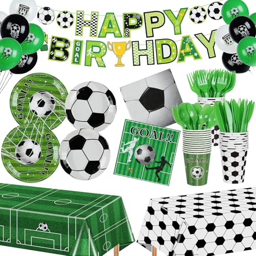 185 Pcs Soccer Party Decorations Soccer Birthday Party Decorations Serves 24, with Plates Napkins Cups Fork Knives Spoon Tablecloth Banner Balloons Sports Soccer Decorations for Party - image 1