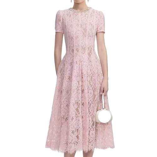 Womens Pink Lace Floral Dress Short Sleeve Round Neck Waist