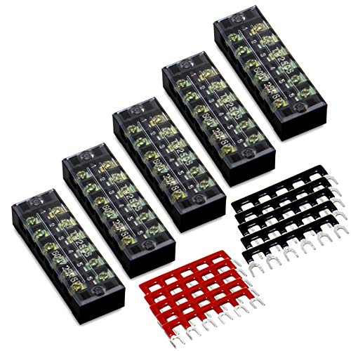 Image of 15pcs (5 Sets) Terminal Block - 5pcs 6 Positions 600V 25A Dual Row Screw Terminal Strip with Cover + 10pcs 400V 25A 6 Positions Pre-Insulated Terminal Barrier Jumper Strips Black & Red by MILAPEAK