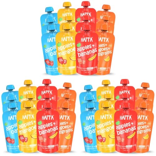 Image of Happa Organic Baby Food Puree | 100% Fruits | No Added Sugar, No Milk Powder, No Preservatives | Stage 2 (6 Months+) | Ready to Eat | Free from Common Allergens | Pack of 36 (100g Each)