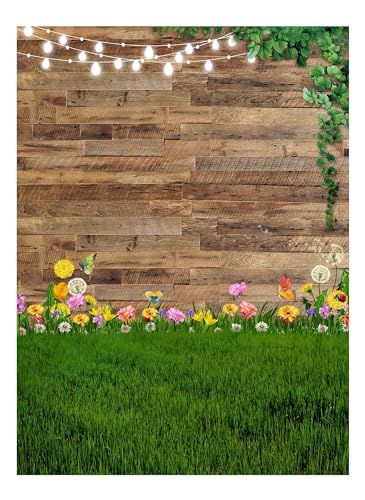 Allenjoy 72" x 96" Spring Brown Rustic Wood Backdrop Photography Spring Flower Grassland Kids Newborn Photoshoot Background Pictures Wooden Board Baby Shower Bday Party Decor Banner Photo Booth Props