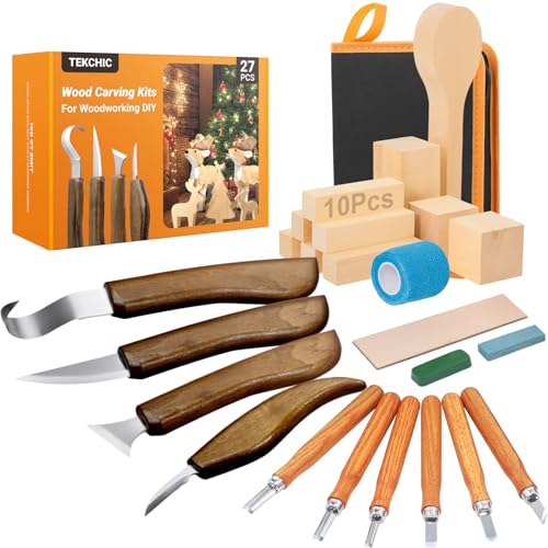 Holzschnitzerei-Set: 27-teiliges Holzschnitzwerkzeug-Set mit 4 Holzschnitzmessern und 6 Detailmessern – Holzbearbeitungswerkzeuge, Geschenk mit Lindenholzblöcken, Hobby für Anfänger, Erwachsene
