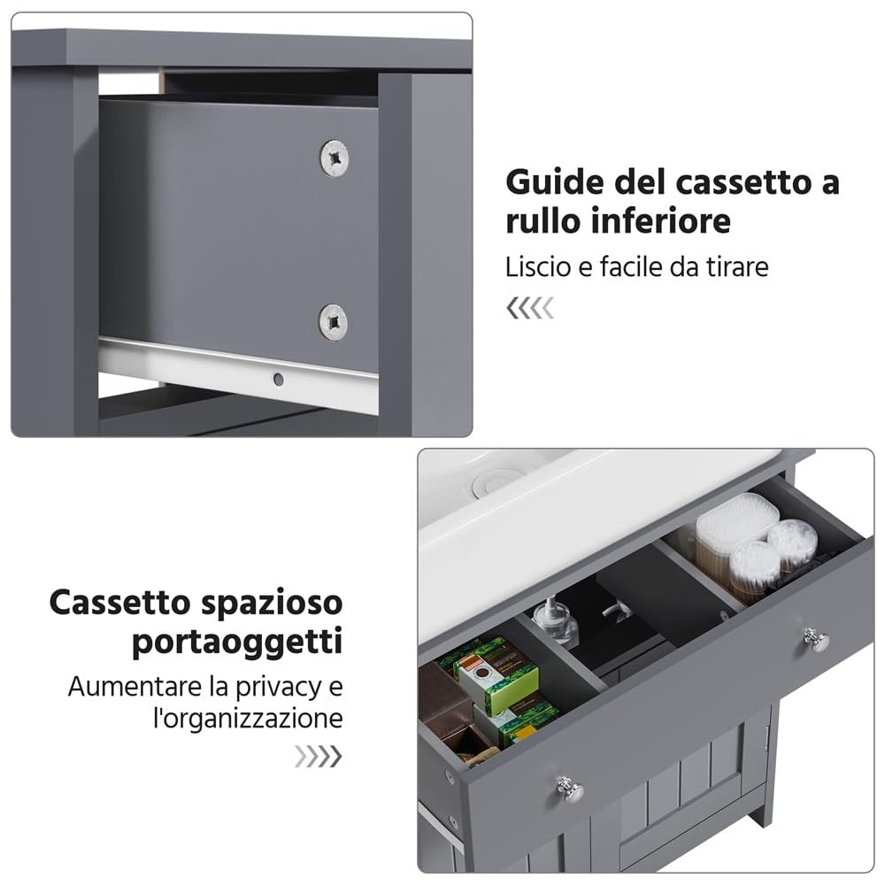 Yaheetech Mobile da Bagno Sottolavabo Mobiletto con Cassetto e Ripiano Portaoggetti Armadietto da Terra per Lavandino Salvaspazio Mobile da Archivio 60 × 30 × 60 cm (Grigio Scuro)