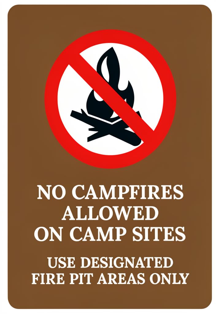 No Campfires Allowed Tin Sign 12x8 Inch, Fire Safety Warning Metal Sign with Red Prohibition Symbol, Rustic Brown Outdoor Campground/Trailer Decor, Wall & Gate Notice for Campsites and Fire Pit Areas