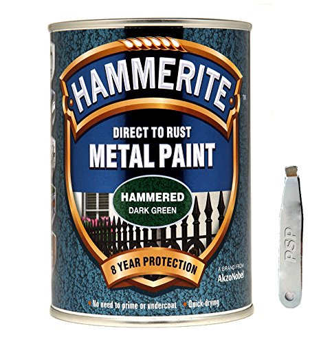 Hammerite Direct To Rust Metal Paint Hammered Finish Dark Green 5L with PSP paint tin opener