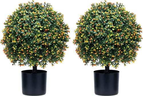 Two 24''T Artificial Boxwood Topiary Ball UV Resistant Artificial Boxwood Plants for Indoor Outdoor Home Garden (Orange)
