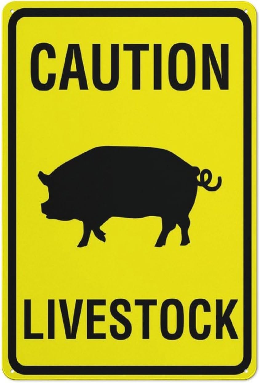 Caution Livestock Pig Bright Yellow Rust Free Aluminum Sign - Weather Resistant Decor with Pre-Drilled Holes for Home Farm, Ranch - 12x8 Inches​