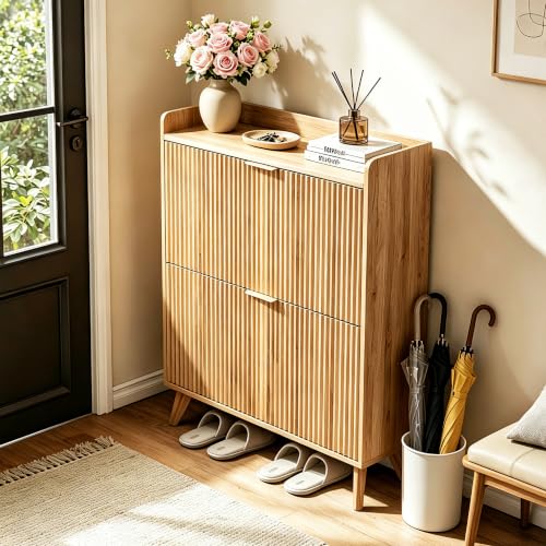 Image of Fluted Shoe Cabinet Storage with 2 Flip Drawers, Wood Narrow Hidden Shoe Organizer with Adjustable Shelf for Entryway, Freestanding Slim Shoe Rack for Hallway Living Room, Saving Space, Oak