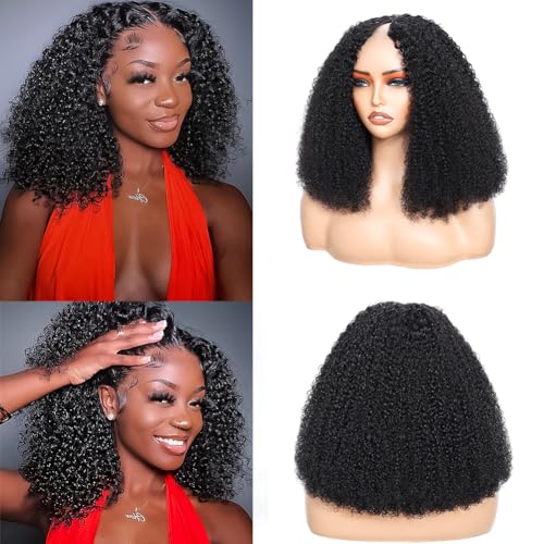 Image of V Part Wig Human Hair Kinky Curly Natural Black 16 Inch | Curly Human Hair Wig Upgrade U Part Human Hair Wigs for Black Women Glueless Wig Wear and Go 180 Density