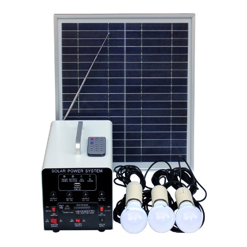 15W Off-Grid Solar Lighting System with 3 LED Lights, FM Radio and MP3 Player - Complete Solar Lighting Kit with Solar Panel, Battery and Cables
