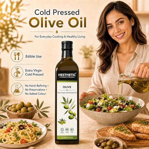 Image of HESTHETIC Premium Extra Virgin Olive Oil 1L | Cold-Pressed Mediterranean-Sourced EVOO | Unrefined, Low-Acidity | Glass Bottle | Cooking, Salad & Finishing Oil