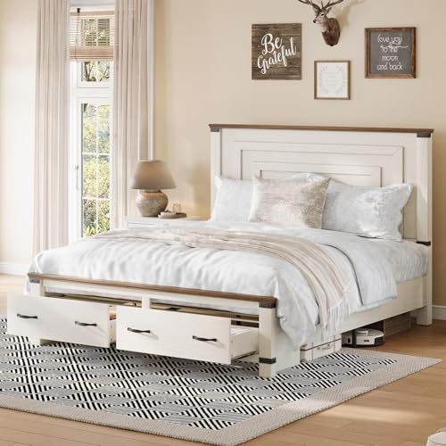 AMERLIFE Queen Bed Frame with Drawers, 54" Tall Headboard, Wood