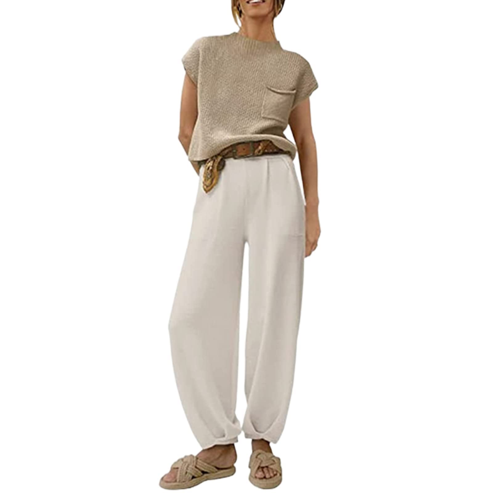 YassigliaWomen's 2 Piece Casual Outfits Spring Summer Causal Lounge Set Women Y2K Tracksuit Short Sleeve Knit Sweater Top + High Waist Pants Loungewear Streetwear