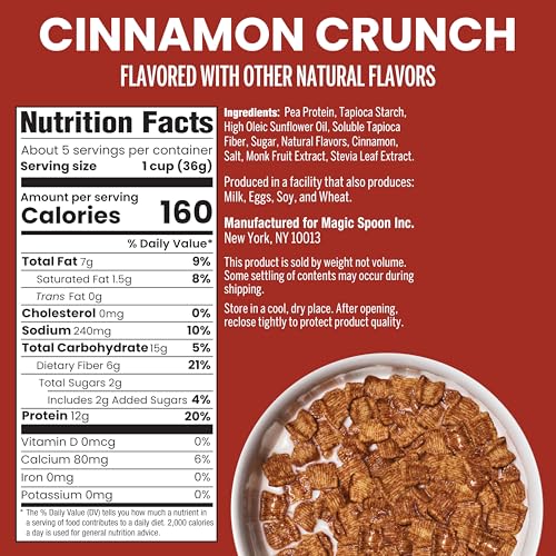 Image of Magic Spoon Cereal - High Protein Cereals - Sugar Free Snacks & Breakfast Food - Grain & Gluten Free Cereal - Healthy Snacks for Kids & Adults - Low Carb & Keto Friendly - 4 Pack, Cinnamon Crunch
