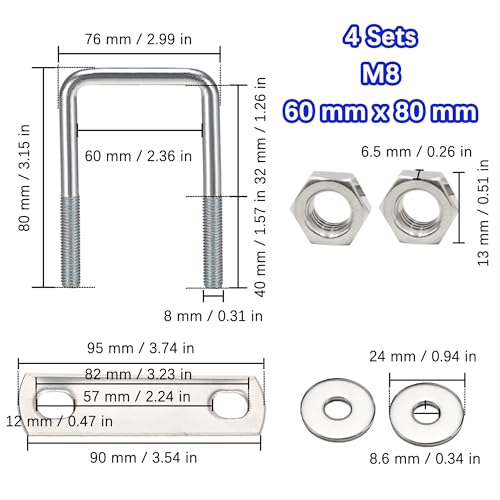 duoyif U-Schrauben Vierkant M8 60mmx80mm U-Bolzen Quadratische, Innerer Durchmesser 60mm, U-Bügel Bügelbolzen Edelstahl Mit Mutter Rahmenplatte, U Bügelschraube FüR Rohr Befestigung (M8-60x80mm)