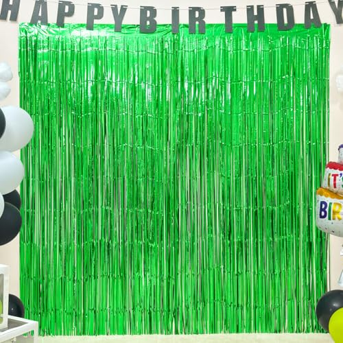 Image of 4 Pack Green Foil Fringe Curtains, 13.2x6.6ft Jungle Theme Streamers Backdrop for Birthday, St Patrick's Day, Christmas, Dinosaur, Animal, Football Themed Party| Green Streamers Party Decorations