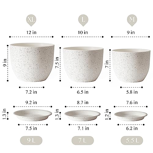 Giraffe Creation Plant Pots 12/10/9 inch Set of 3, Flower Pots Outdoor Indoor, Planters with Drainage Hole, Speckled White