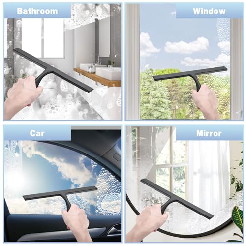 Image of FY&XZH Never Rust Silicone Shower Squeegee for Glass Doors with Hook, Bathroom Cleaner Tool, Household Window and Mirror Squeegee, Ergonomic Thick Handle Squeegee for Shower Glass, 11-Inch (Black)