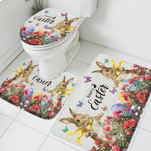 Shine-Home Spring Easter Bunny Bathroom Rugs Mat Sets 3 Piece,