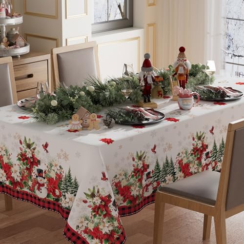 XCHI Red Plaid Poinsettia Winter Snowman Christmas Tree Tablecloth Rectangle Christmas Table Cloth Washable Table Covers for Indoor Dining Home Party Xmas Decorations 60x84 Inch