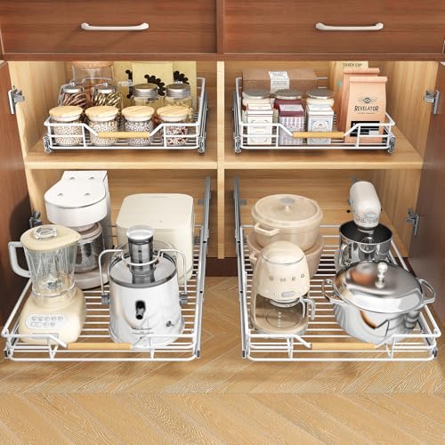 Image of Pull out Cabinet Organizer, 15 inchW X 21 inchD, Heavy Duty Smooth Sliding Under Cabinet Shelves for Pots and Pans, Full-Extension Roll out Drawers, Slide out Organization for Home Kitchen Pantry, White