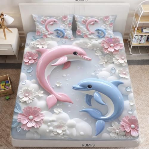 Image of RUMPS 7D Digital Dolphin Bedsheet with 2 Pillow Covers, King Size Flat Bedsheet 90x100 Inch, Cute Cartoon Dolphin Printed Bedsheet