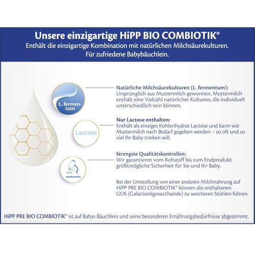 HiPP PRE Bio Combiotik (4 x 600g), Anfangsmilch von Geburt an, mit natürlichen Milchsäurekulturen, enthält nur Lactose als Kohlenhydrat, ideal zum Zufüttern