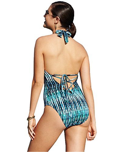 Bar Iii Women's Printed Plunge Indigo Lace-Up One-Piece Swimsuit (Indigo, Small) #TOP1