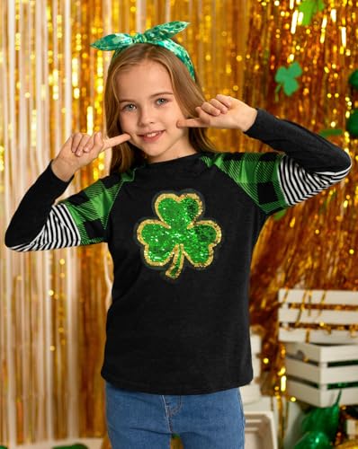 Image of BesserBay Girls St Patrick's Day Raglan Shirt Irish Sequin Lucky Stripe Shamrock Graphic Top 4-14 Years