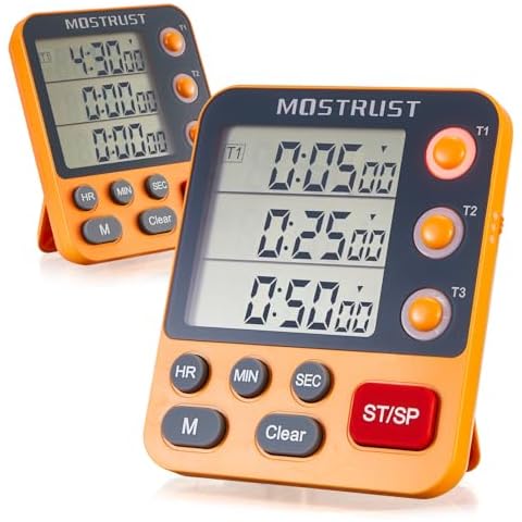 MOSTRUST Digital Dual Kitchen Timer, 3 Channels Countdown Timer for Cooking, Large Display Triple Memory Timer with Loud Alarm, Flashing Light, Magnetic Back, 3A Battery Included Orange Cover